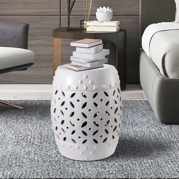 Sigtua 17 in. Garden Stool, Side Table Indoor Ceramic, Outdoor Stool, Patio Decor, White