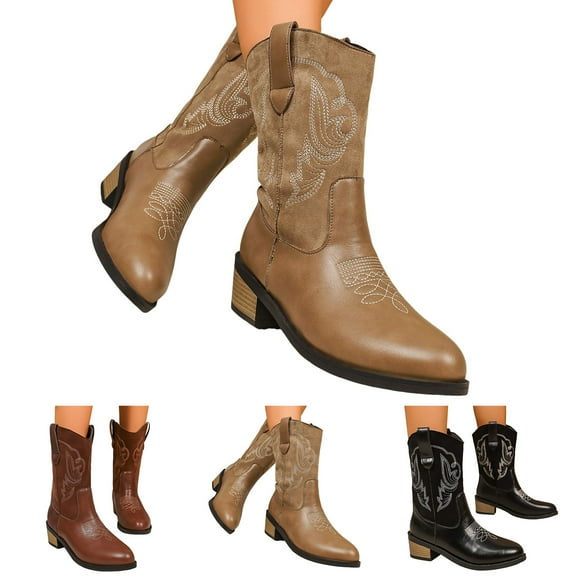 Dakaela Women's Western Cowboy Boots Embroidered Cowgirl Mid Calf Booties Round Toe Pull on Winter Walking Work Boots