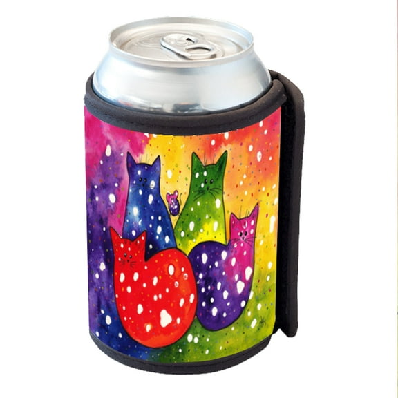 KuzmarK Insulated Drink Can Cooler Hugger - Fiesta Polka-Dot Kitties and Mouse Cat Abstract Art by Denise Every