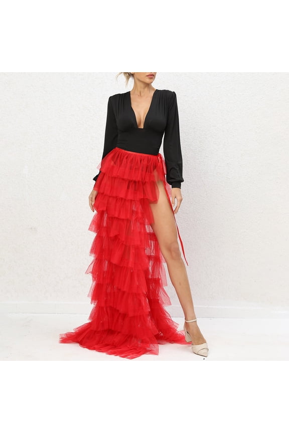 Women's Midi Skirt Multilayer High Slit Asymmetrical Hemline Elegant and Chic Style