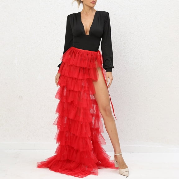 LEKWK Formal Dresses for Women Long Sleeve Maxi Dresses Deep V-Neck Cocktail Dress Tiered Tulle Layered Skirt High Slit Evening Gown