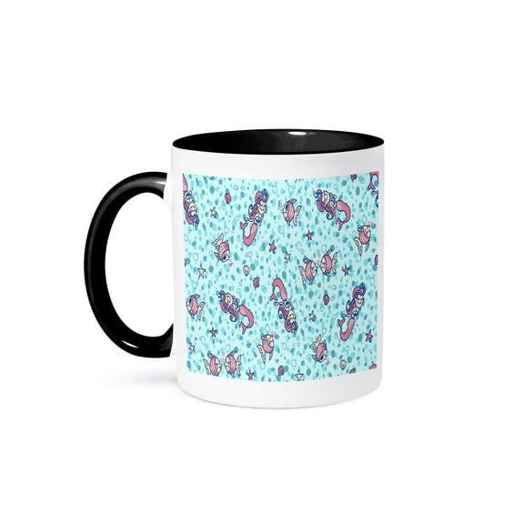 3dRose, Aqua and Pink Mermaids and Fish, 11oz Two-Tone Black Mug
