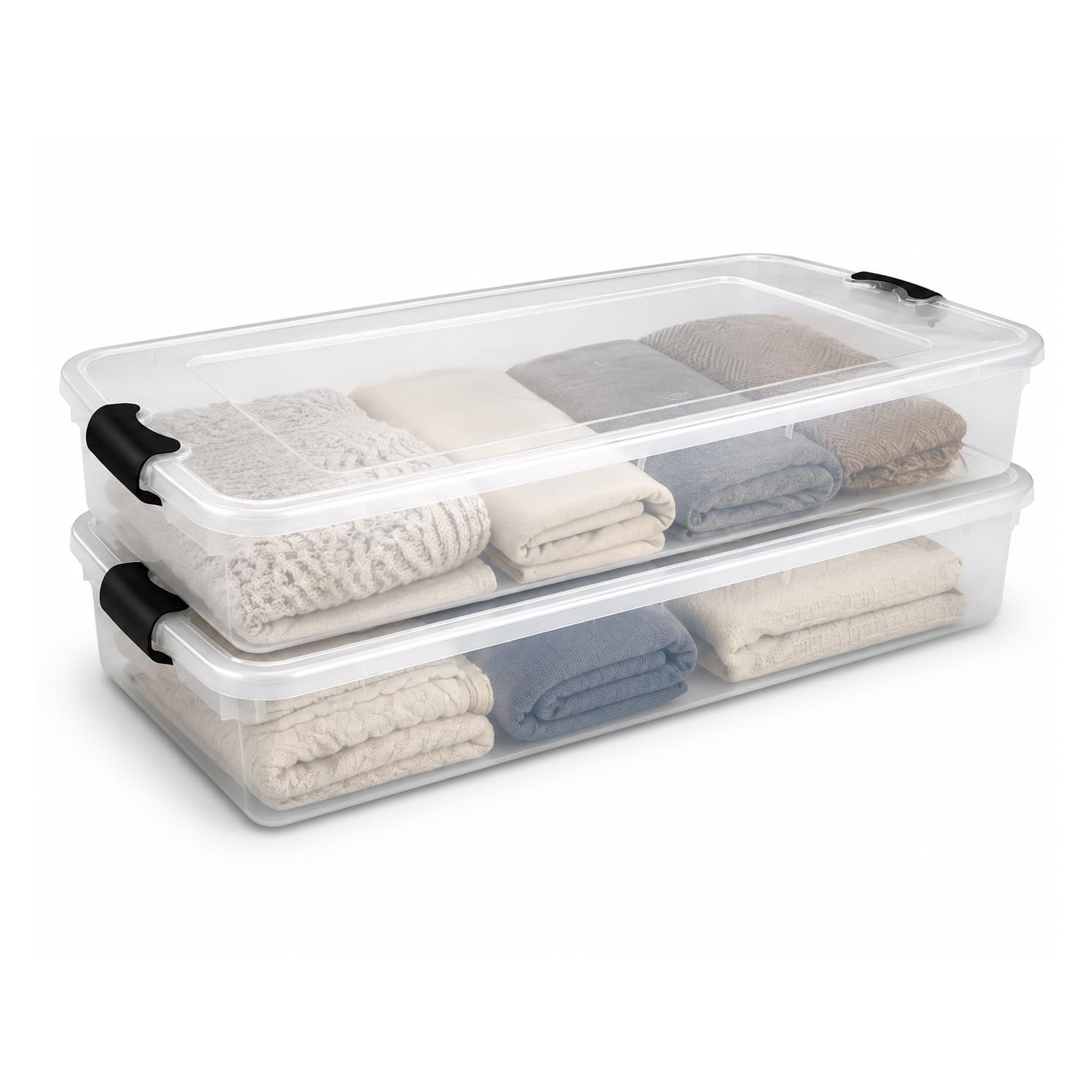 2‑Pack 60 Quart Clear Under‑Bed Plastic Storage Bins with Lids Secure‑Latch Stackable Under Bed Storage Containers Low‑Profile Organizer for Clothing Blankets Shoes & Seasonal Items