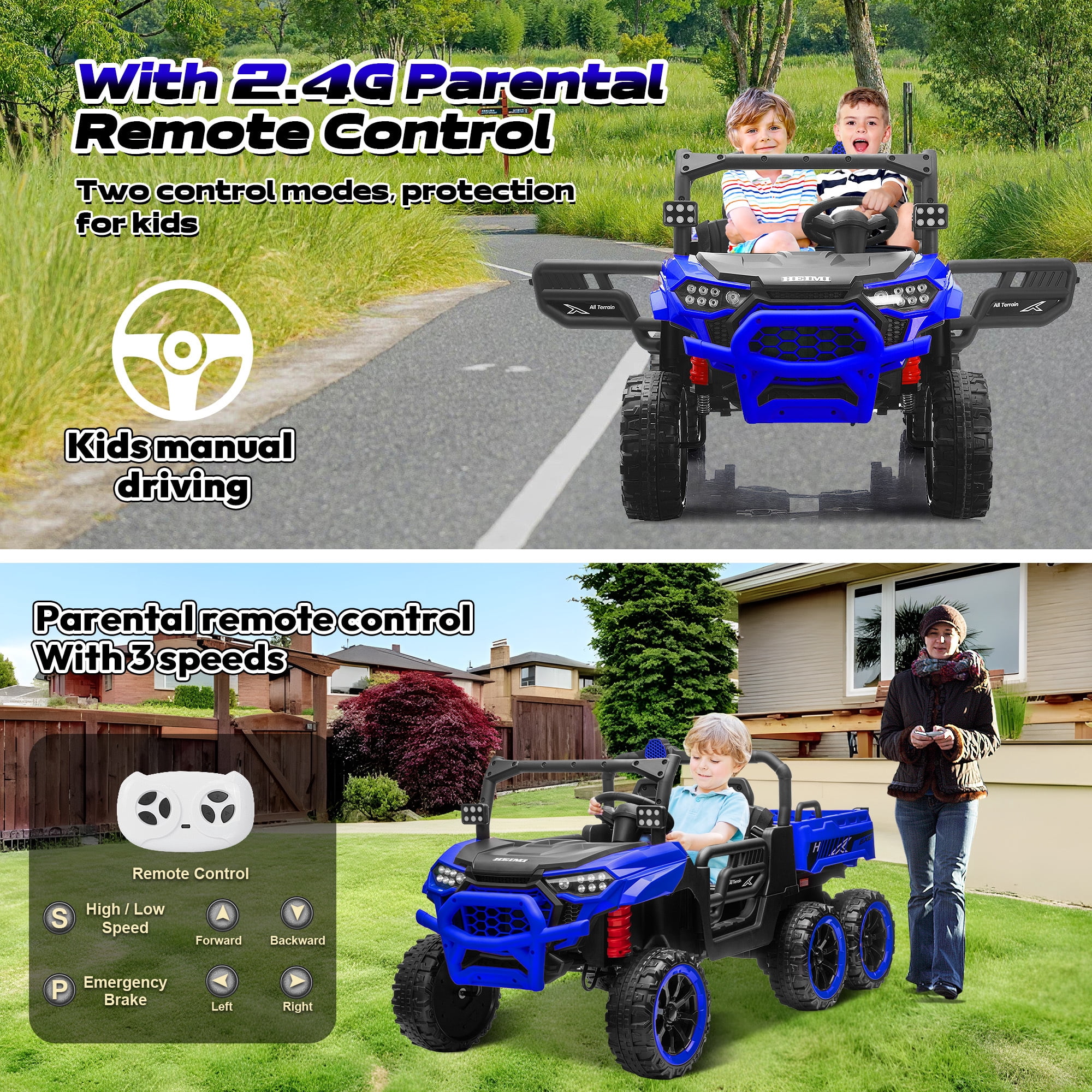 Letsgokid 24V 2-Seater Ride On Dump Truck with Remote Control, 4WD 6-Wheel Electric Car for Big Kids with Electric Dump Bed, 20in Seat, 400W Powerful Motor, LED Lights, Music, Ages 3+