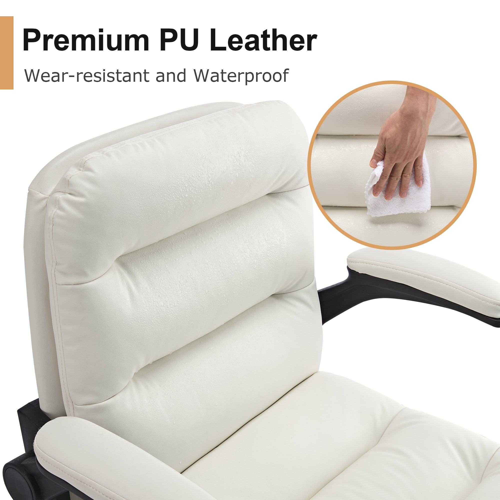 VECELO Ergonomic Office Chair, PU Leather Thick Padding Swivel Executive Computer Desk Chair With Upholstered Flip-Up Arms, White