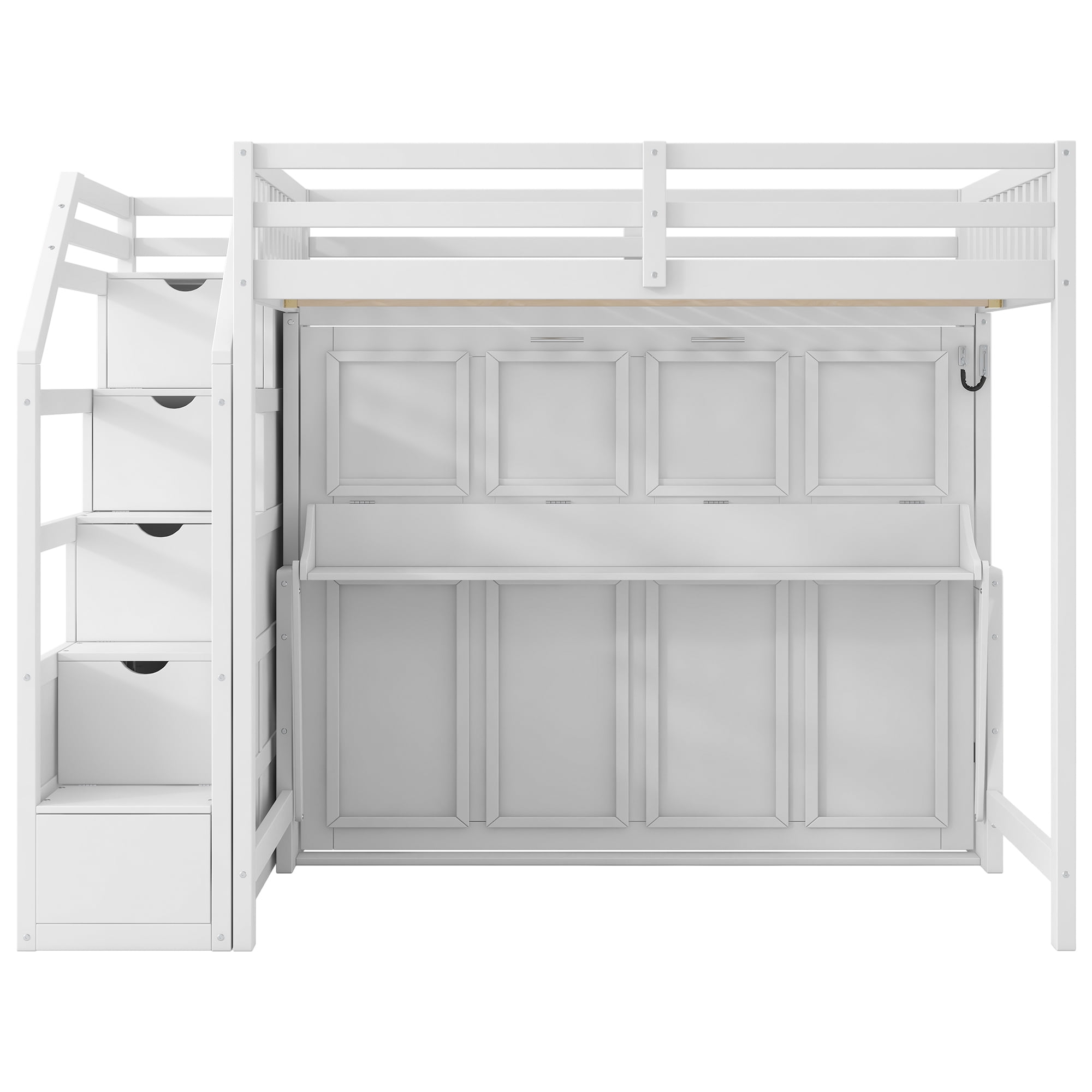 Euroco Wood Full XL Loft Bed with Storage Staircase, Full Murphy Bed with Desk and LED Light, Convertible Bunk Bed, White