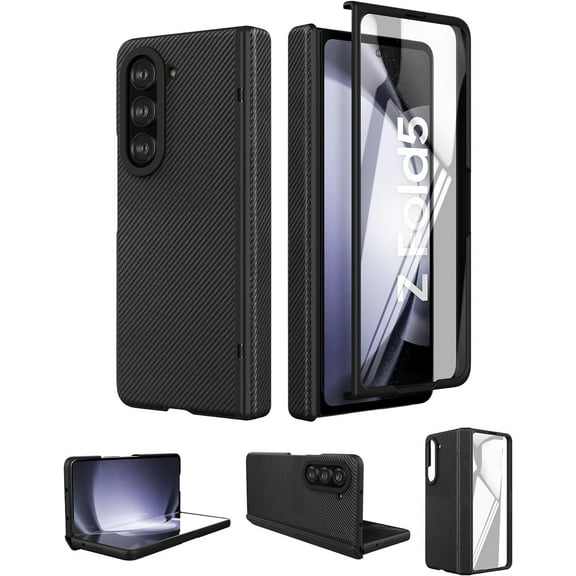 Case for Samsung Galaxy Z Fold 5 (2023) with Built-in Cover Screen Protector & Hinge Protection, Slim Hard PC PU Protective Phone Case for Galaxy Z Fold5 5G - Black