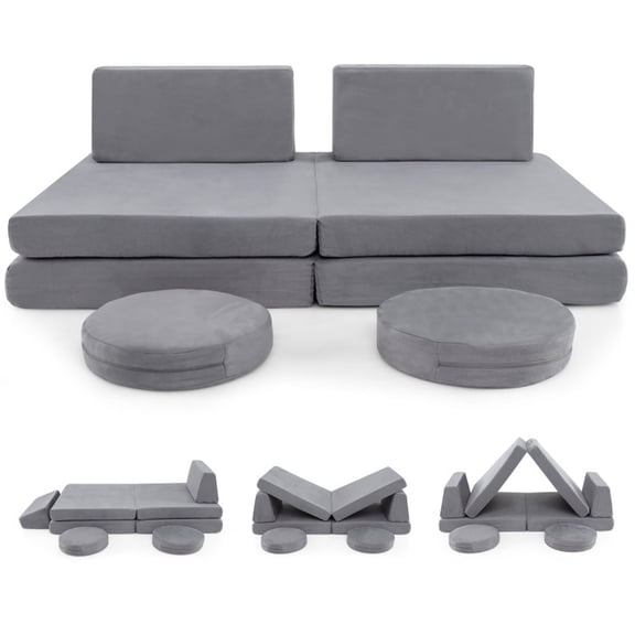 Furnibear 6 Pieces Modular Kids Play Couch Set with Soft Velvet Covers and Foam Blocks Convertible Sofa for Living Room Playroom Fort Building, Gray