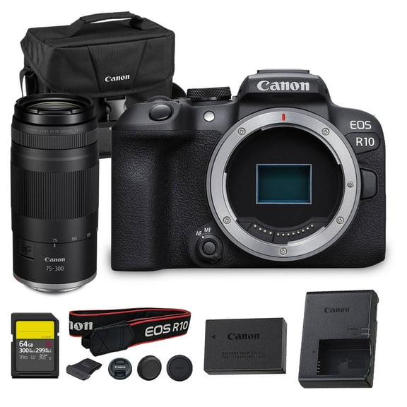Canon EOS R10 Mirrorless Camera 24.2MP APS-C Sensor 4K Video Dual Pixel AF Compact Lightweight Vlogging Travel Camera (5331C002)   Canon RF 75-300mm Lens   64GB Card   Bag