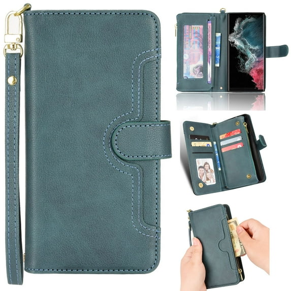 Nalacover for Samsung Galaxy S22 Ultra Zipper Wallet Case, Lanyard Shoulder Strap Crossbody Card Slots Holder Cover with Magnetic Clasp Kickstand Premium PU Leather + Soft TPU Shockproof Case,Green