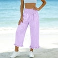 thumbnail image 7 of AKOEE Cute Summer Capris Plaid Print Smocked High Waist Wide Leg Capri Pants Pockets Ruffle Hem Casual Beach (XL, Purple), 7 of 7