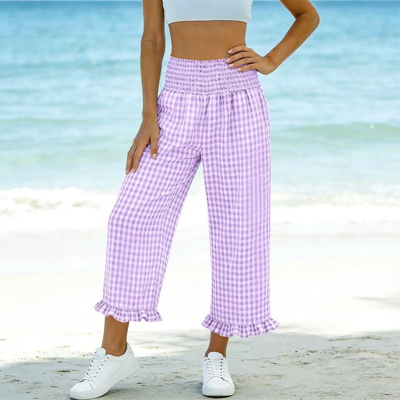 Cutuoiiu Women Lightweight Comfortable Gingham Print Smocked High Waist Pants with Pockets Everyday Wear Wide Leg Trousers Gifts