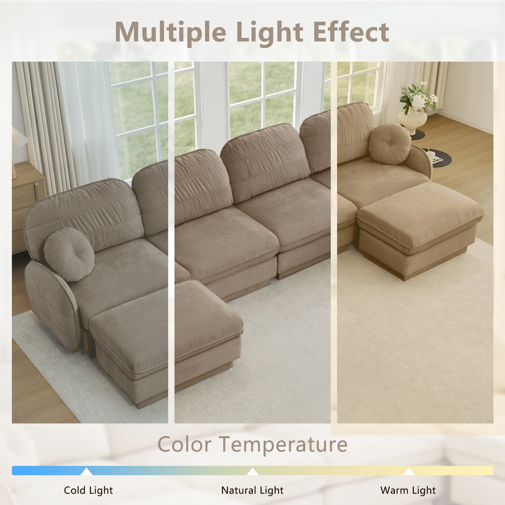 Mintazer 105" Chenille Cloud 3-Seater Modular Sectional Sofa with 2 Round Pillows, Easy Assembly Ergonomic Sofa Couch for Living Room, Apartment, Light Coffee