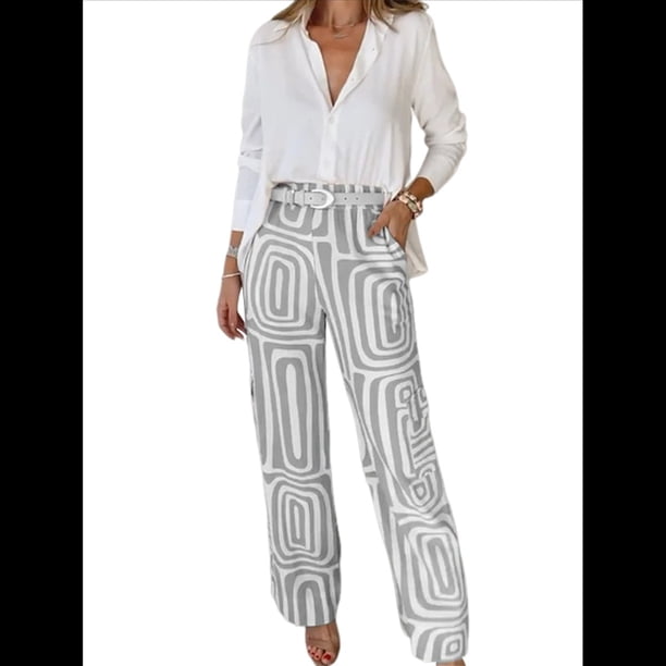 Conjunto de Dos Piezas para Mujer, con Estampado Geométrico, Pantalones de Cintura Alta y Camisa Sencilla. Gris XL