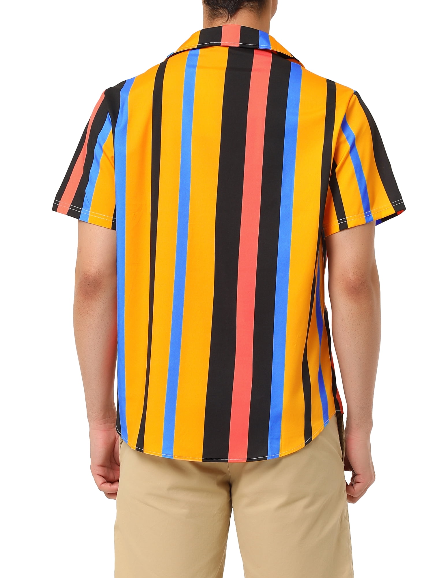 Unique Bargains Men's Summer Striped Shirt Short Sleeve Button Down Beach Shirts L Orange Black Blue