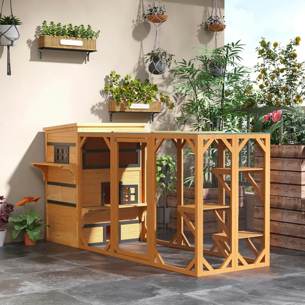 Topcobe Outdoor Cat House, 3-Tier Kitty Shelter with 5 Escape Doors, Weather Resistant, Outdoor Wooden Feral Cat Shelter, Yellow & Black