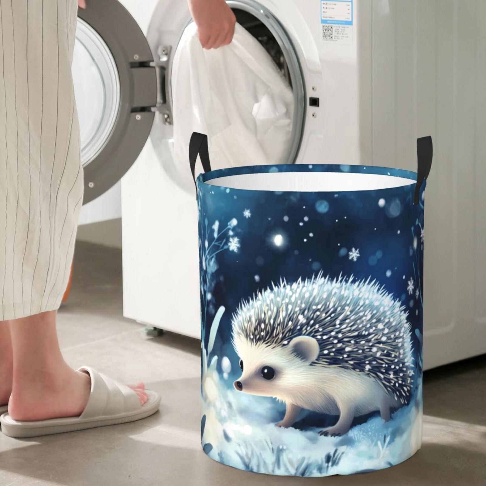 Large Laundry Basket with Handles - Winter Hedgehog Snowflakes Kids Baby Dirty Clothes Laundry Hamper for Bedroom Aesthetic