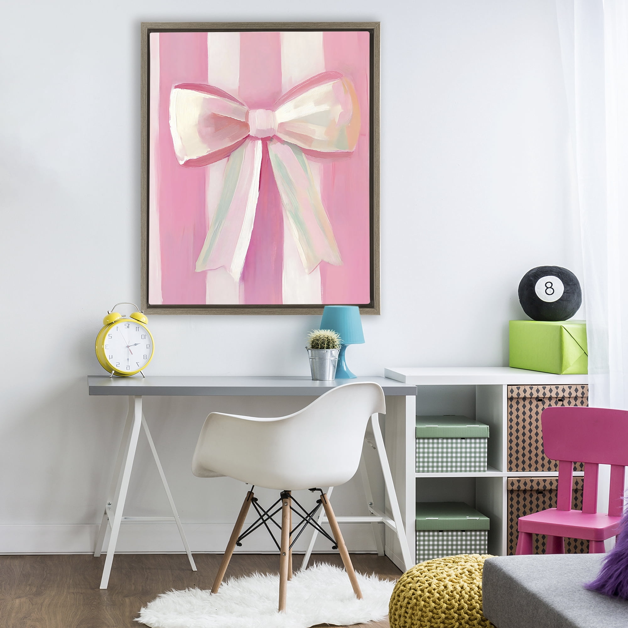 Stupell Industries Preppy Pink Bow on Stripes Brown Framed Floater Canvas Wall Art, design by The Prints Vibe