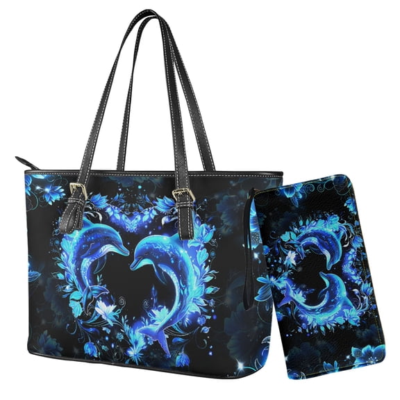 Tutolipy Shoulder Bag Tote Bag Womens Purse,Dolphin Heart Printed Handbag 2 Pcs Purse Wallet Set,Waterproof Work Totes and Wallet for Walking Shopping