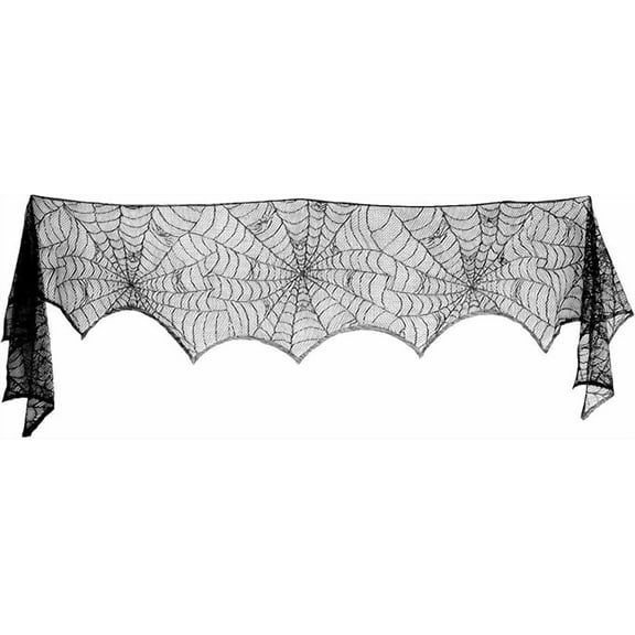 1PC Halloween Cobweb Fireplace Scarf, Black Lace Spiderweb Mantle Scarf for Halloween Home Party Supplies, 18 x 96 inch
