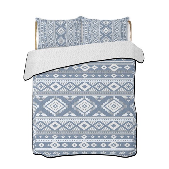 Twin XL Quilt Bedding Set, Ethnic Tribal Blue Reversible Summer Quilt 3 Pieces, Traditional Geometric Boho Lightweight Bedspreads Coverlets with 2 Pillow Shams for All Seasons