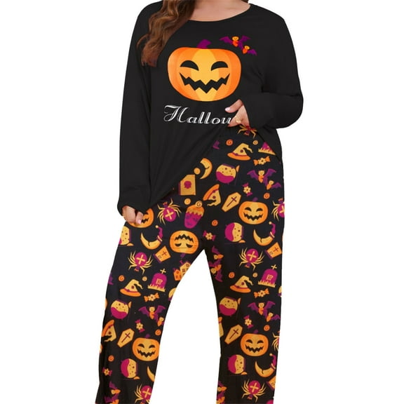 Michellecmm Women Halloween Plus Size Pajamas Lounge Set Pumpkin Bat Print Tops and Pants 2 Piece Loungewear Outfits