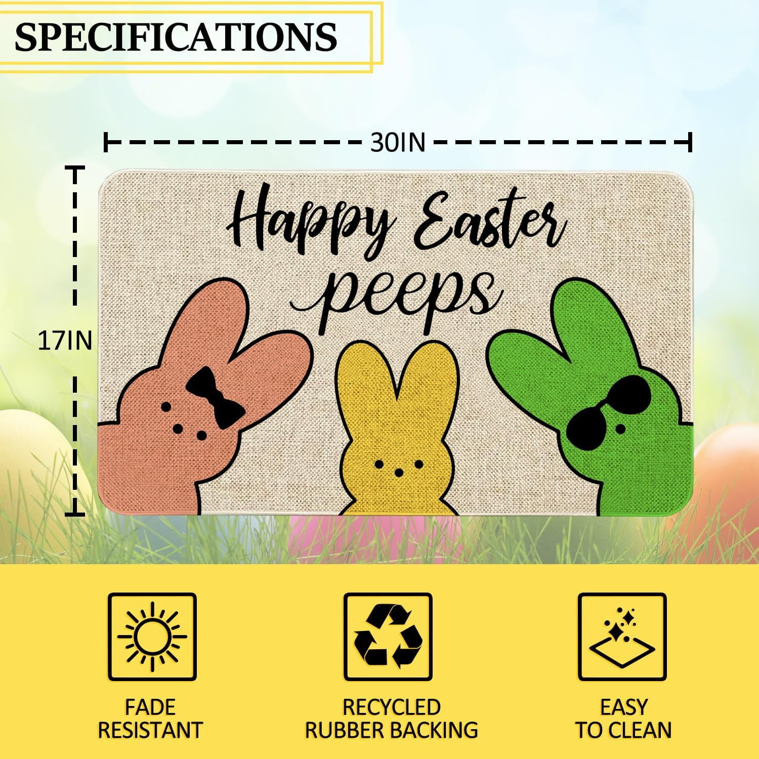 Easter Bunny Welcome Peeps Door Mat 30x17 - Non-Slip Indoor Outdoor Doormat Entrance Floor Mat for Easter Decor Rubber Mats