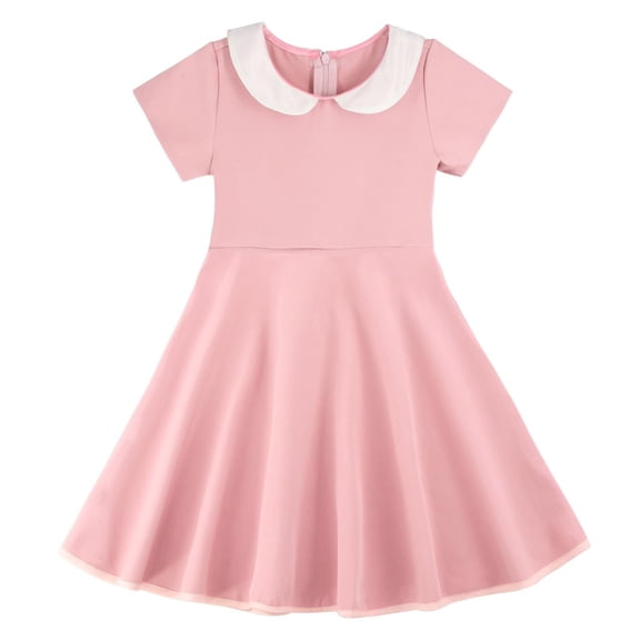 GiLiling Girls Short Sleeve Peter Pan Collar Dress Casual Vintage Flare Skater Dresses for Girls Uniform Seam Dress (Pink, 3-4 Years)
