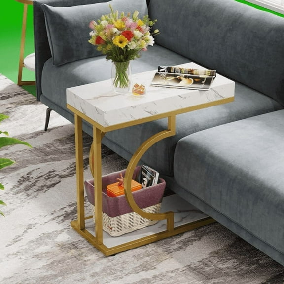 Farmhouse C Table, Semicircular Frame, Sturdy Metal & Particle Board for Living Room/Bedroom/Small Spaces