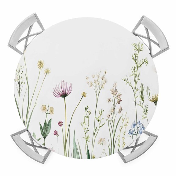Green Botanical Floral Round Tablecloth for 45-54 Inch Tables, Fitted Table Cover with Elastic Edge, Spring Summer Rustic Waterproof Outdoor Table Cloth Protector for Patio Garden Dinner Picnic