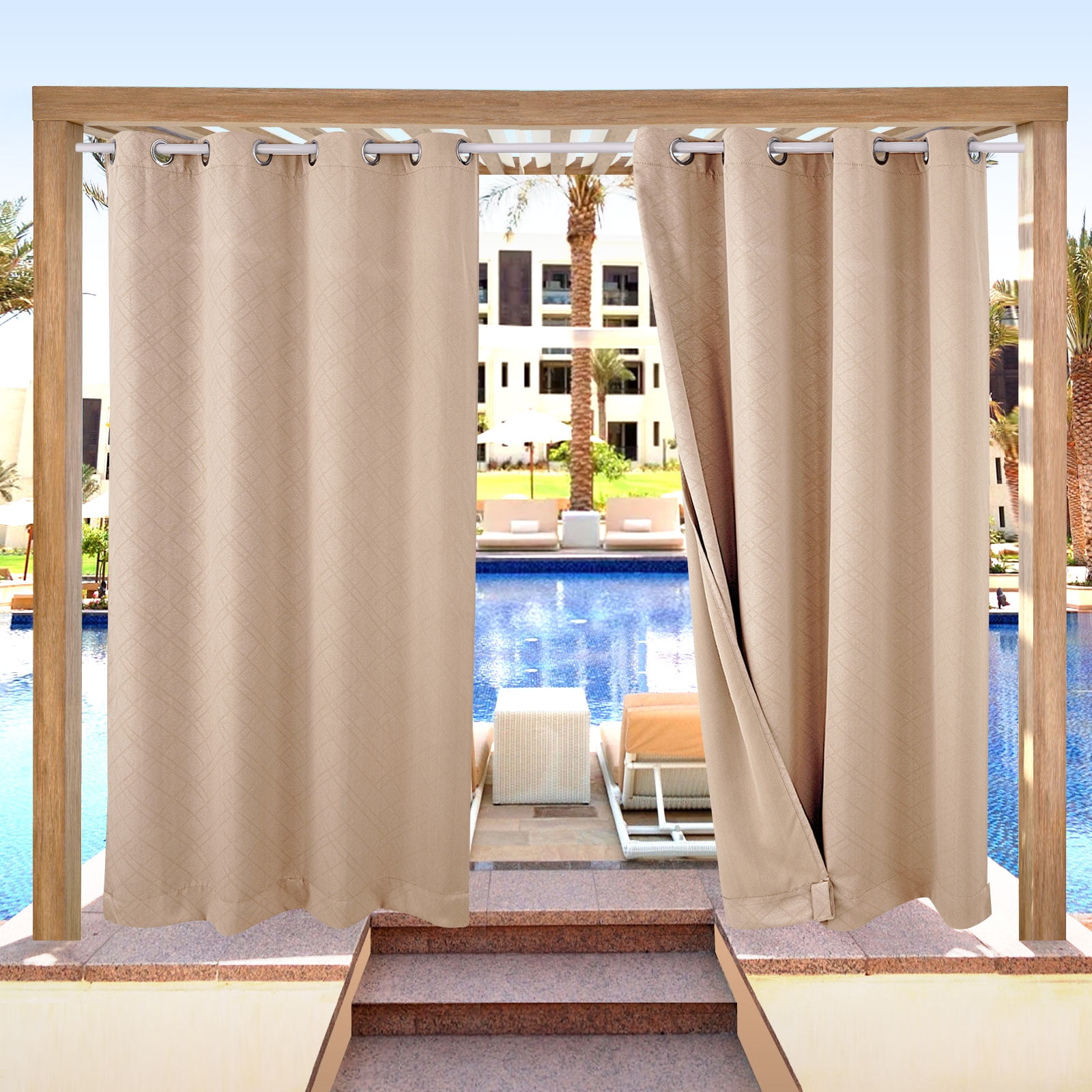 SHANNA 2 Panel Outdoor Curtains, Waterproof Windproof UV Protection Blackout Curtains with Eyelets, 3D Textured Pattern for Garden, Pergola, Balcony, Beige, 52 X 108 inch