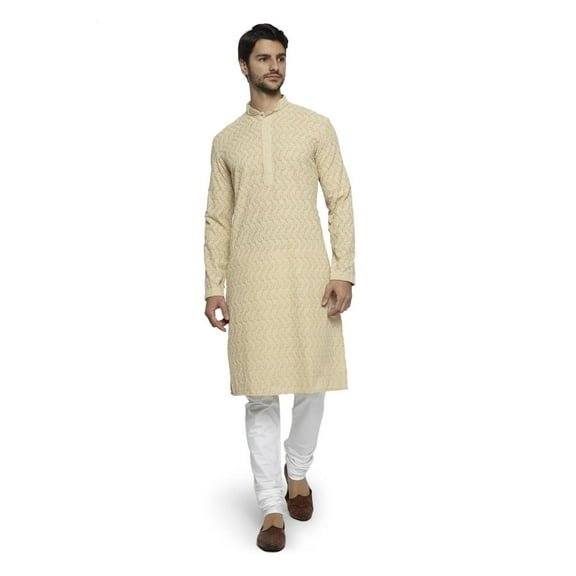 Ethnix Men's Mandarin Collar Handmade Motif Chikaankari Embroidered Kurta Pajama 2-piece set; MD
