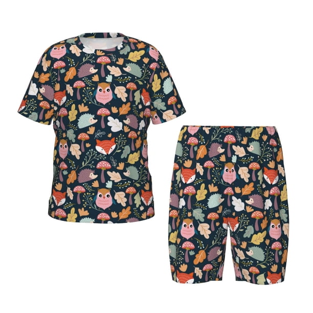 Balery Autumn Fox Owl Conjunto de Pijama Infantil de Manga Corta con Estampado – Ropa de Dormir de Algodón Suave-Medium
