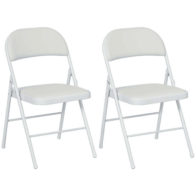HOMCOM Metal Folding Chairs with PU Leather Cushion Foldable Chairs White