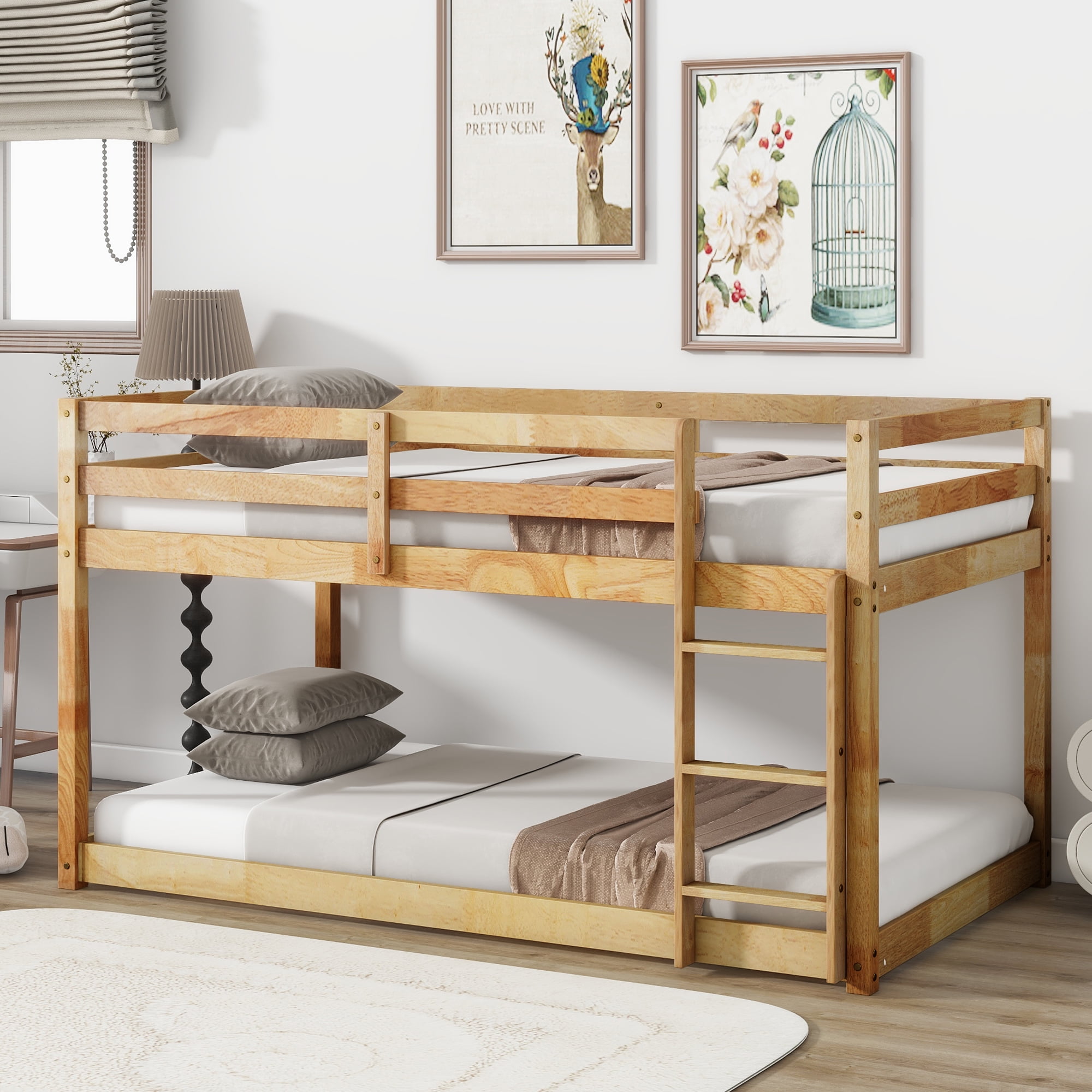 Sailvan Floor Bunk Bed Twin Over Twin, Solid Wooden/Solid Rubber, Upper Bed Platforms crafted with Strengthened Slats