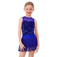 thumbnail image 4 of IBTOM CASTLE Girls Jazz Latin Sparkle Sequins Dance Outfit Crew Neck Sleeveless Bodysuit with Tassel Fringe Skirt Two Piece Set Blue, 4 of 7