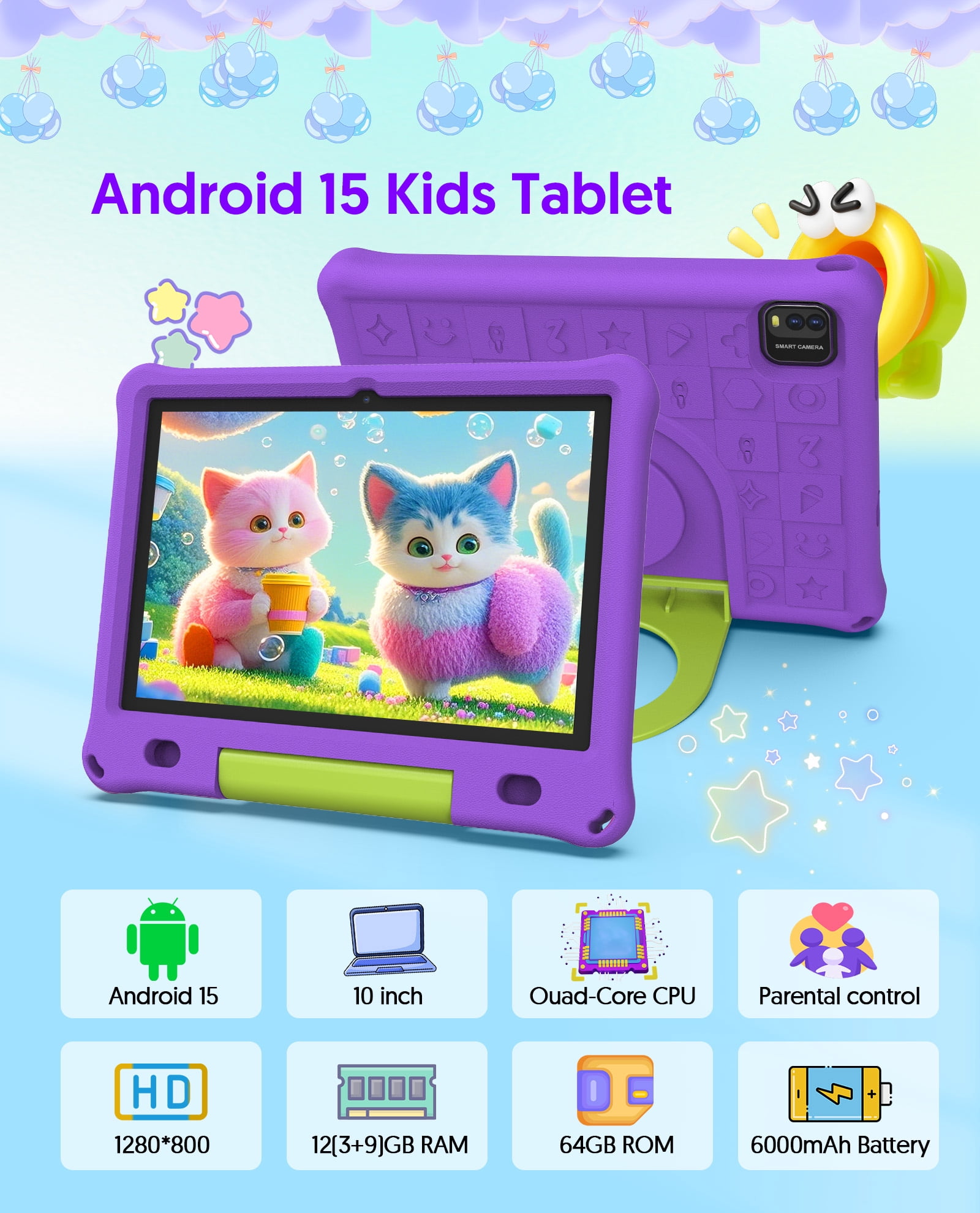 FITIFUN 10.1 inch Kids Tablet Android 15, 3GB RAM 64GB ROM 1TB Expand, Quad-Core, 5G/2.4G WiFi, 6000mAh, HD Display, Parental Control, Purple