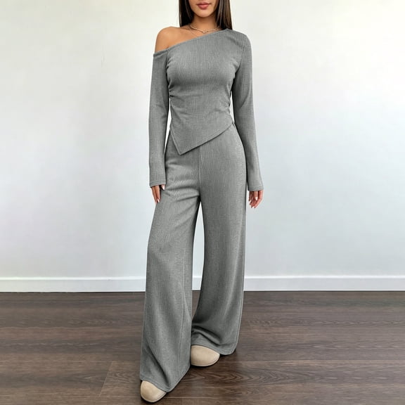 BRELIL Women Two Piece Sets Cold Shoulder Long Sleeve Tops Wide Leg Pants Casual Lounge Matching Set Solid Basic Pullover Outfits Travel Vacation Loungewear, Gray L
