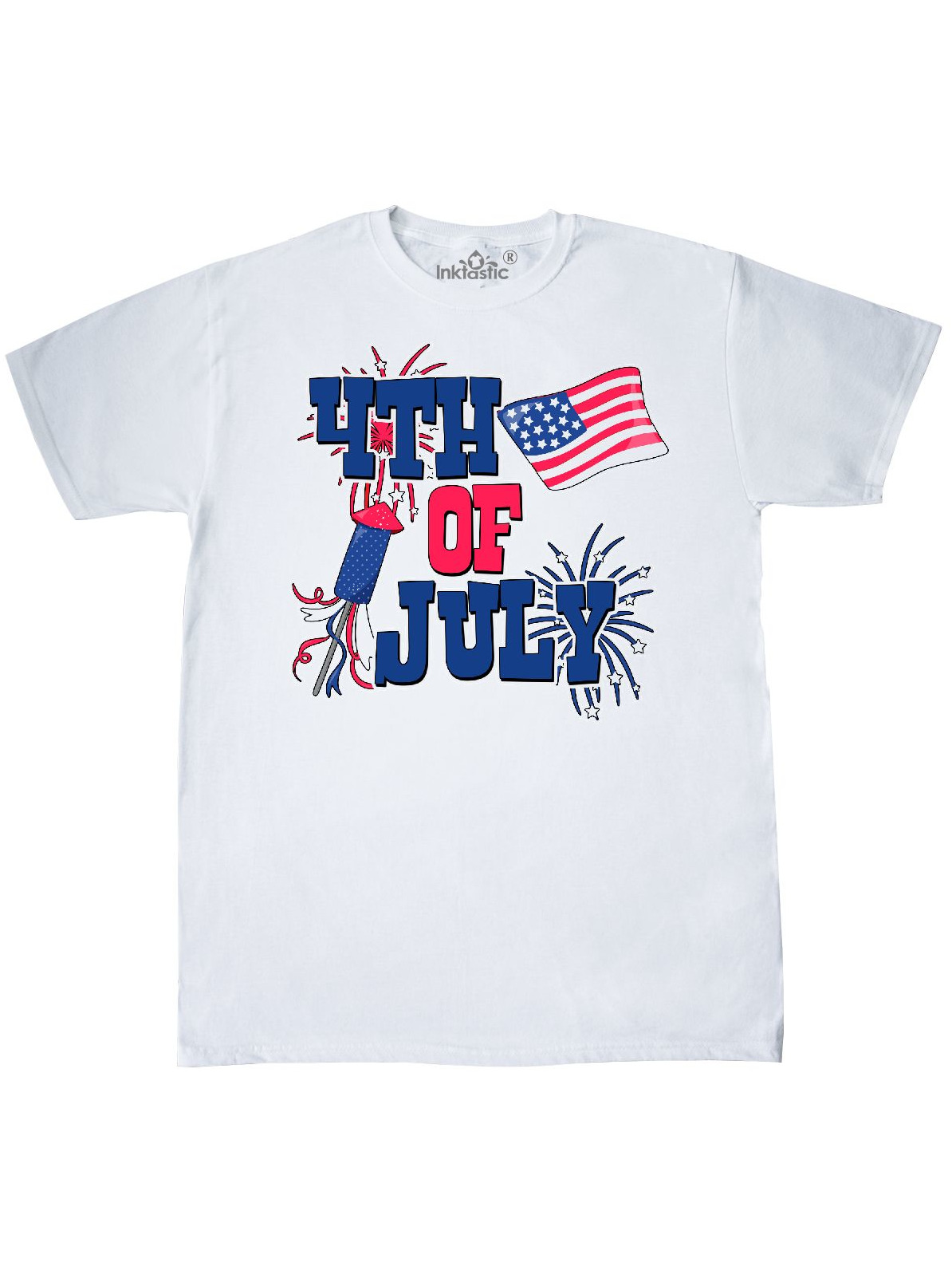 INKtastic - Inktastic 4th of July with Fireworks American Flag and Rocket Adult T-Shirt Male
