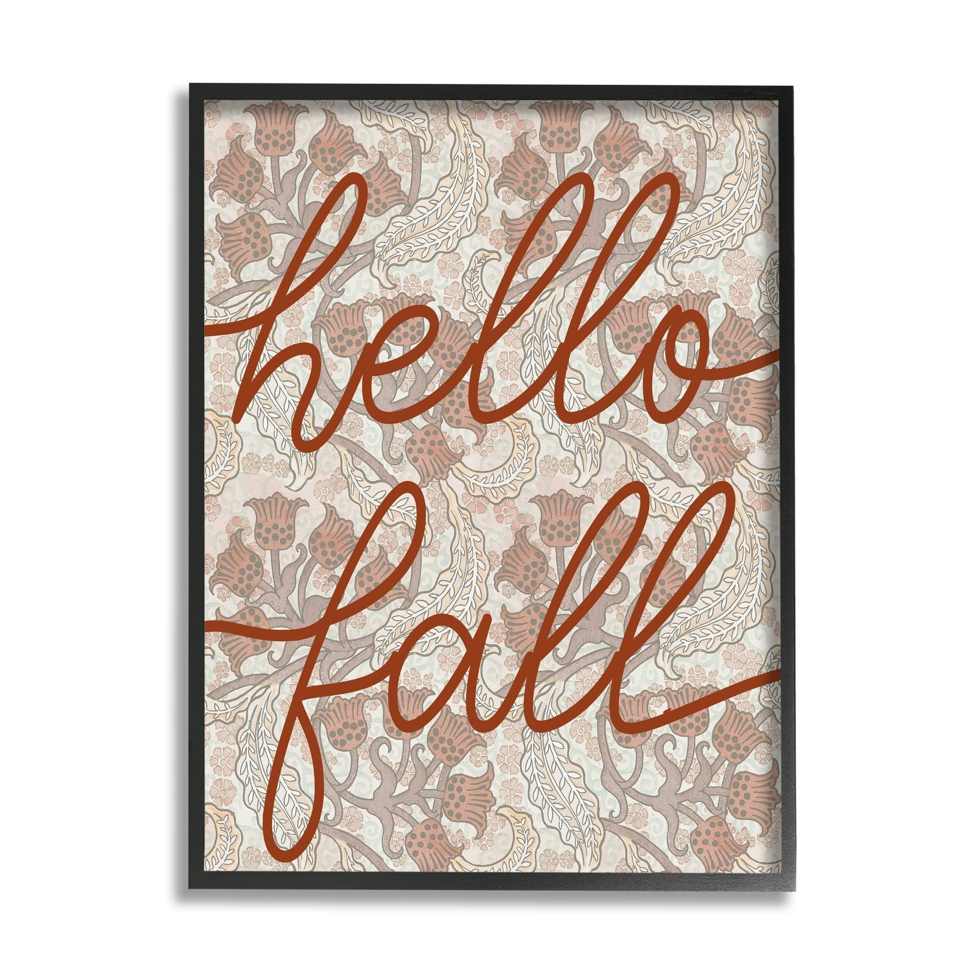 Stupell Industries Hello Fall Greeting Paisley Red Bellflower Vintage Pattern Graphic Art White Framed Art Print Wall Art, 24x30, by Daphne Polselli