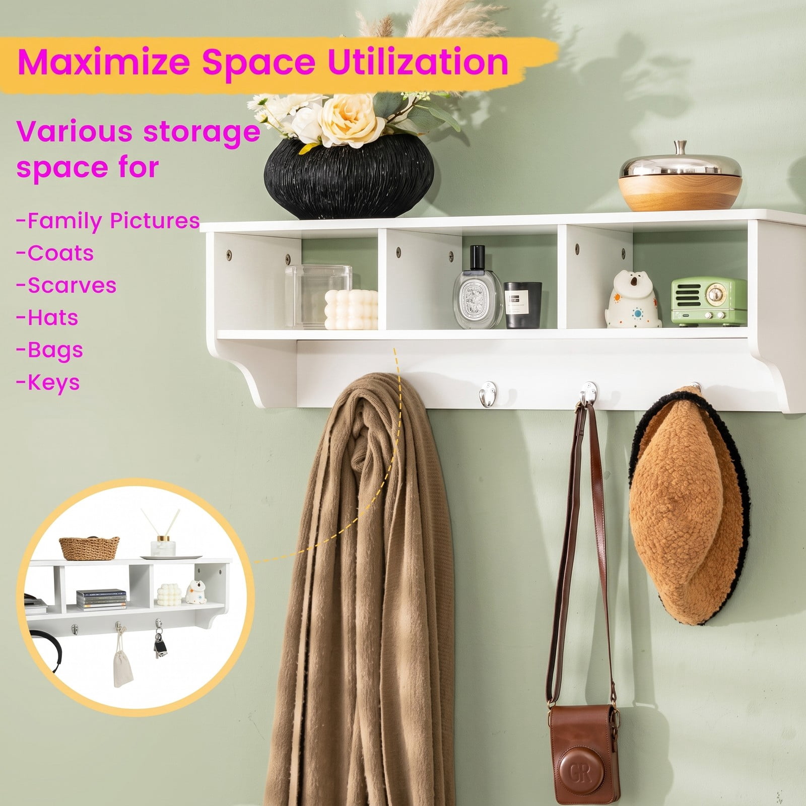 Furnibear Wall Mounted Coat and Hat Rack with Cubby Storage Shelf and 4 Hooks for Entryway Living Room and Bathroom, White