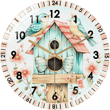 12 Inch Birdhouse Wreath Glass Wall Clock, Birds Farmhouse Home Decor (30×30cm)