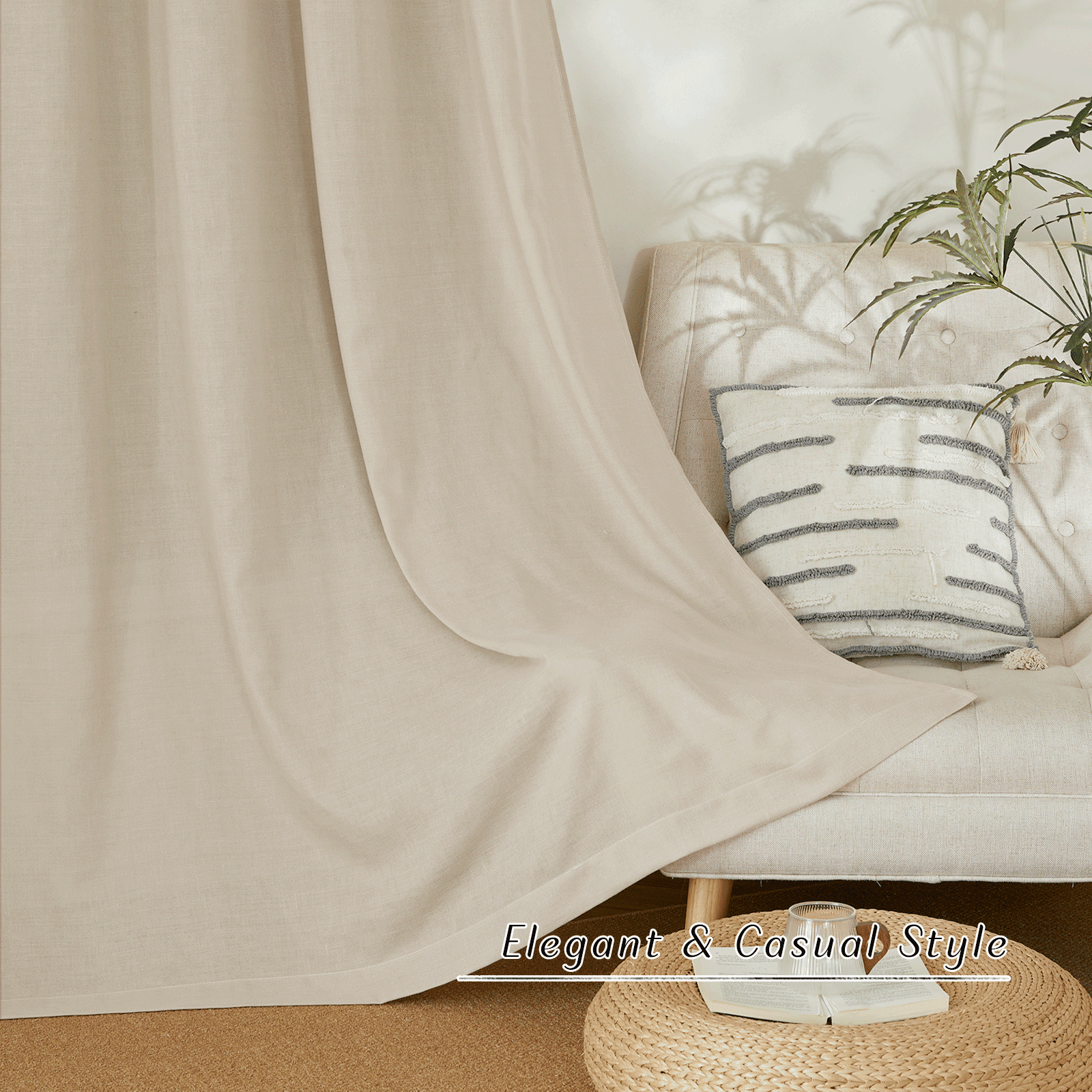 NICETOWN Linen Curtains for Kitchen, Semi Sheer Curtain Drapes Privacy Assured Window Treatment Light Reducing for Kid Room, Angora, 55"x72", 2 Panels