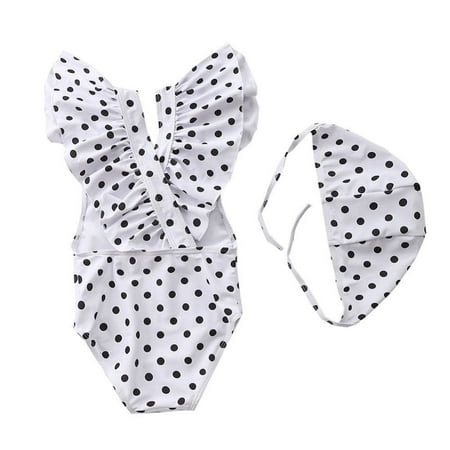 

Toddler Girls Ruffled Swimsuits Striped Bathing Suits Summer Dot Beach Swimwear Princess Beachwear with Swim Cap 1-7T