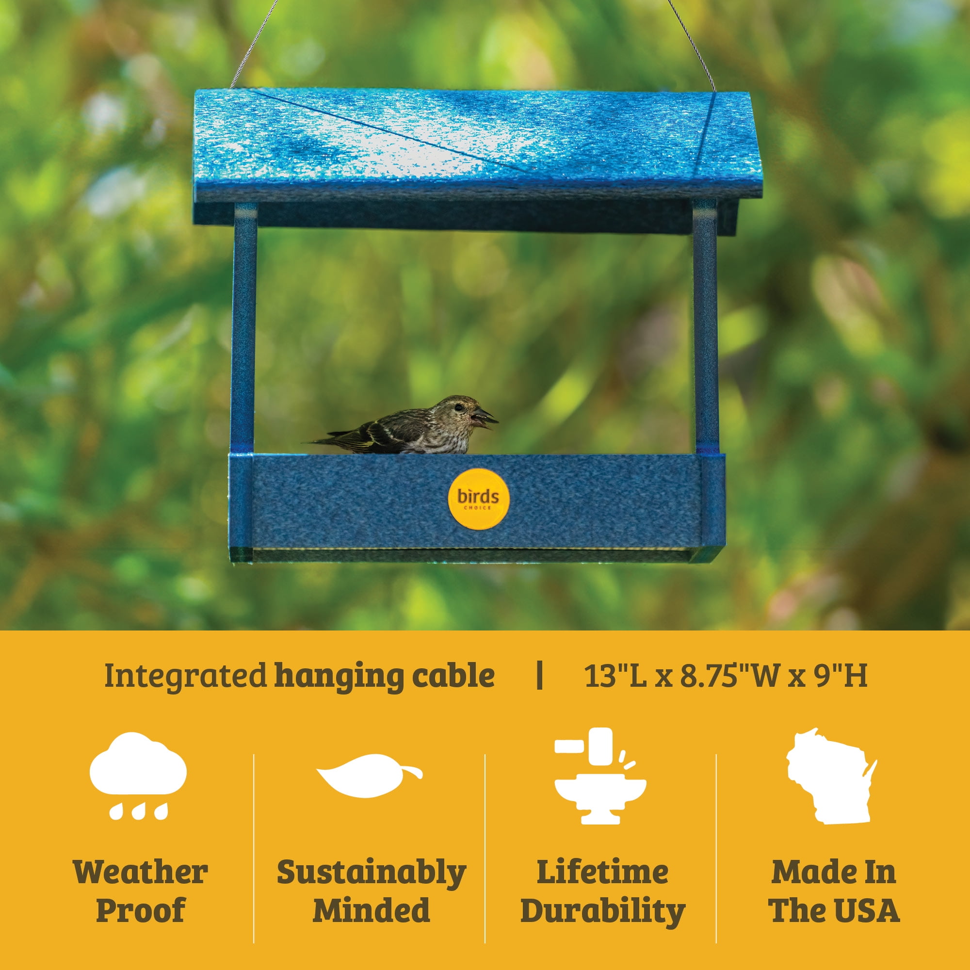 Birds Choice Recycled Plastic Fly-Thru Platform Feeder for Variety of Birds, Blue