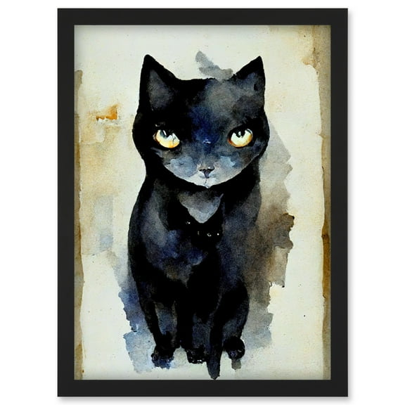 Curious Black Cat Watercolour Painting Artwork Framed Wall Art Print A4