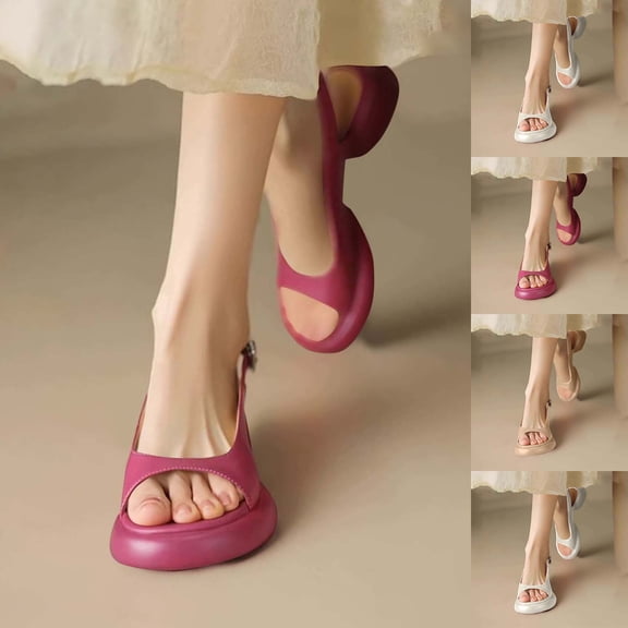 HAOTAGS Women's Double Buckle Flat Sandals, Ankle Strap Open Toe Wedge Lightweight Vacation Footwear Hot Pink 6