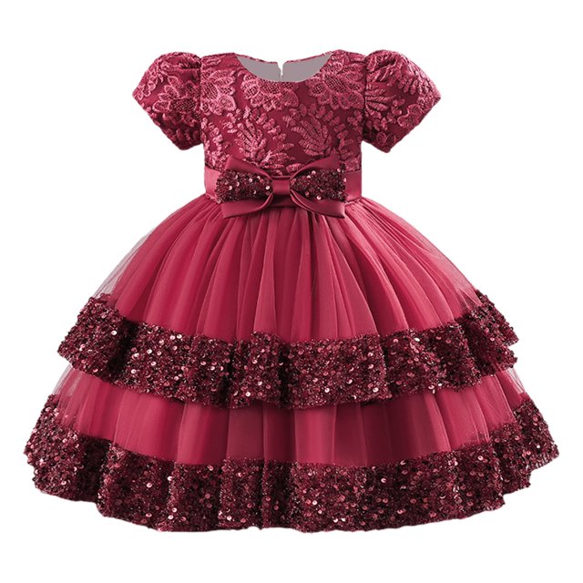Yanlir Robe à Paillettes Brodée pour Fille Manches Courtes Col Rond Robe de Fête pour Enfants, Tenue de Jeu Respirante Décontractée d'Été, Style Princesse Mignonne Tenue de Mode pour Enfants (Vin, 2-3 Ans)