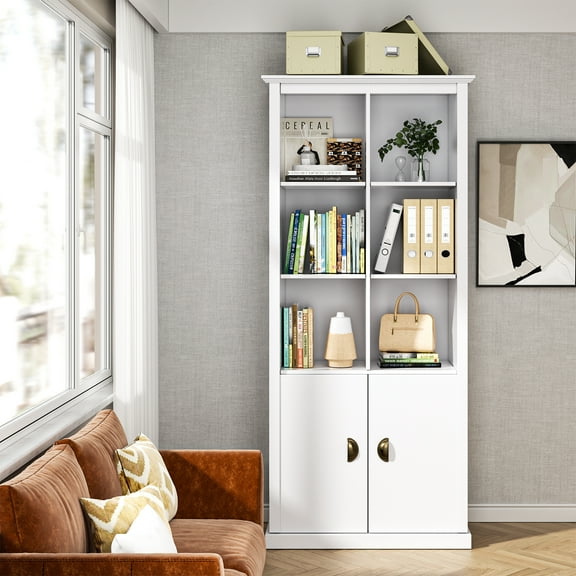 Nathaniel Home, 70'' Versatile Bookcase with Doors, Floor Standing 5-tier Bookshelf, Storage Cabinet for Living Room, Home Office Decor Furniture White