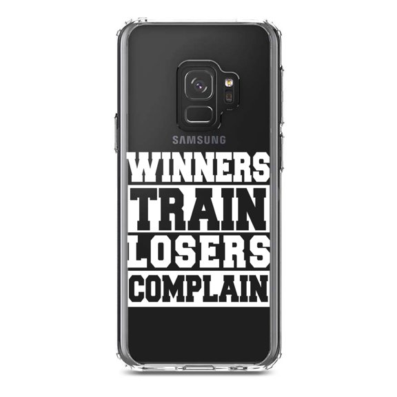 DistinctInk Clear Shockproof Hybrid Case for Samsung Galaxy S9 (5.8" Screen) - TPU Bumper Acrylic Back Tempered Glass Screen Protector - Winners Train Losers Complain